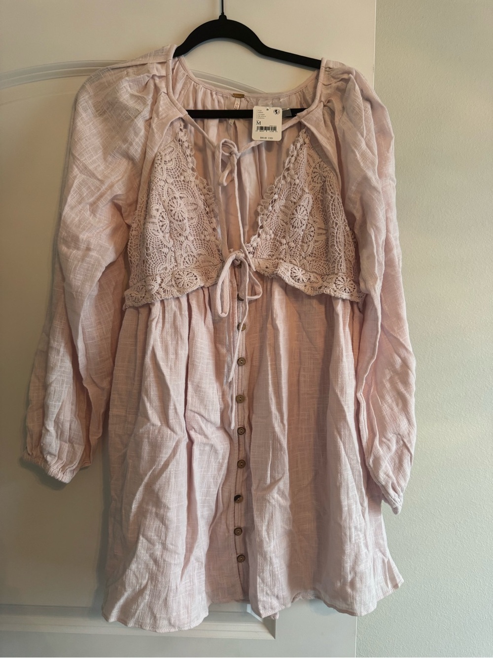 Free People Struttin mini dress Boho Crochet Front Tie Tunic Dress in Pale Blush